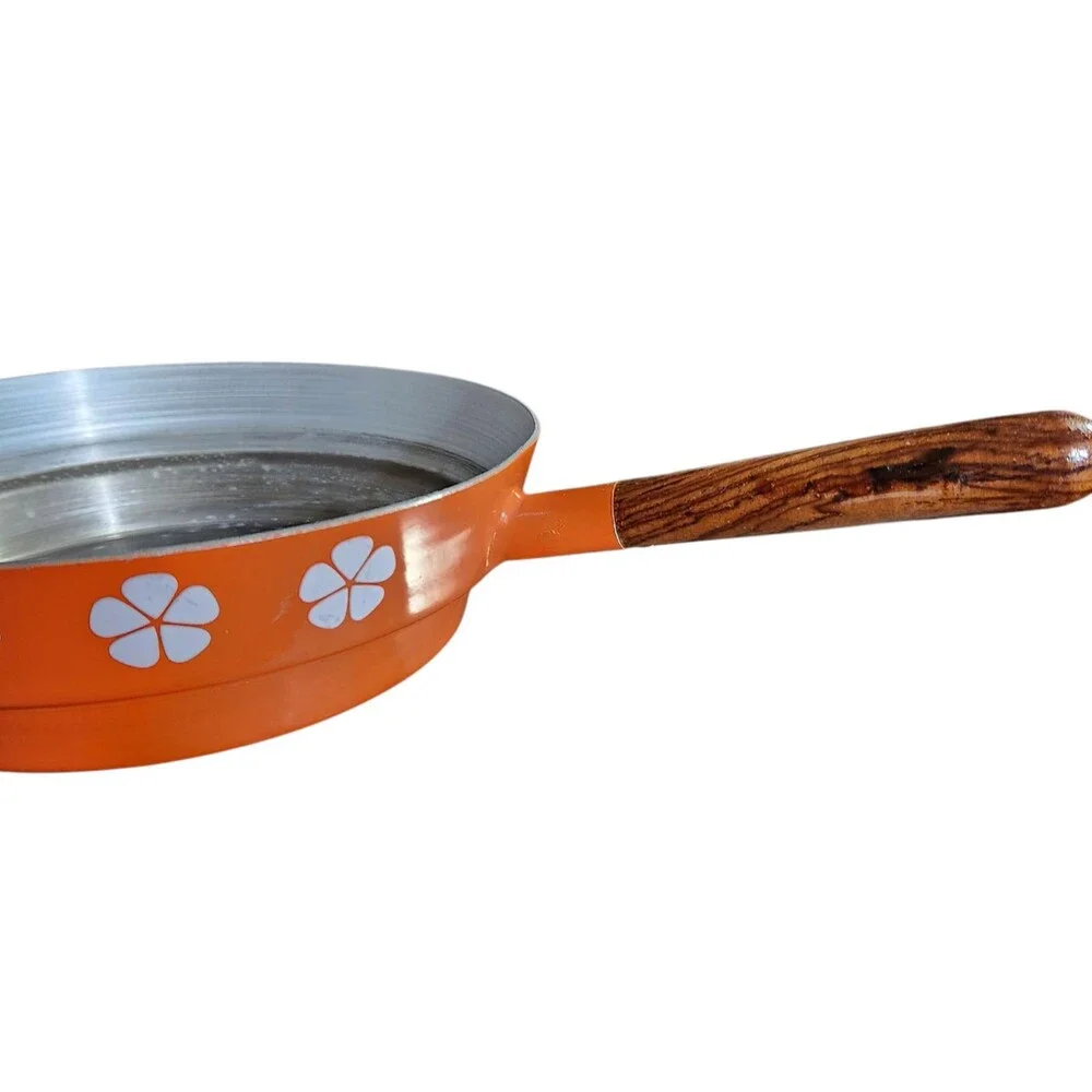 Vintage Enamel Pan and Lid Orange w/ White Flowers Wood Handles Made in Japan